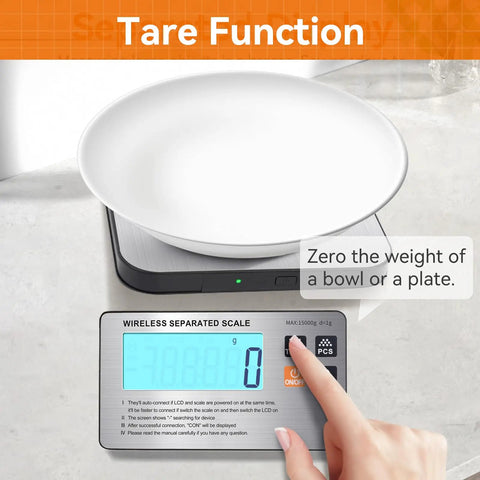 Wireless Separated Food Scale With LCD Display And Tare Function, 33 Lb Capacity Digital Kitchen Scale in use with a bowl