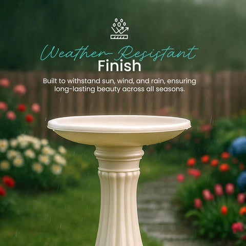 Round Outdoor Bird Bath With Fillable Base For Stability White 17 Inch Diameter And 25 Inch Height Durable Weather Resistant Resin