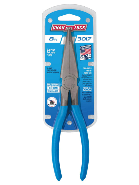 8 Inch Long Nose Pliers For Precise Grips And Craftwork, Heavy Duty Pro Grade Tool With Ergonomic Blue Handle Showcase Packaging