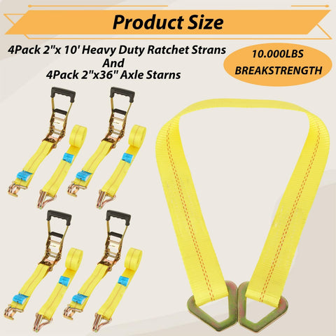 4 Pack Heavy Duty Car Trailer Tie Down Straps Set With 2 Inch By 10 Foot Ratchet Straps J Hooks And 2 Inch By 36 Inch Axle Strap