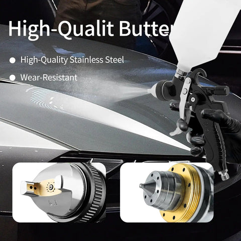 Hvlp Car Paint Sprayer Gun Kit With Ten Pcs Six Hundred Fifty Ml Disposable Cups High Transfer Efficiency Low Overspray showing stainless steel parts.