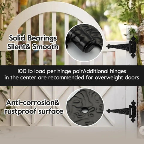 Heavy Duty T Strap Gate Hinges 6 Inch Decorative Hammered Finish Rust Proof Steel Outdoor Wood Gate Barn Shed Door Hardware 4 Pack Black, close-up view of smooth bearings and rustproof surface.