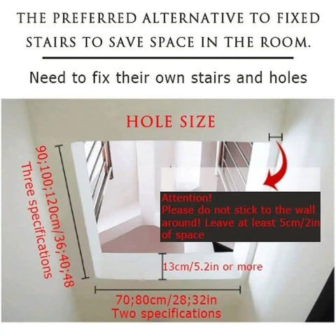Image showing hole size specifications for the No Fuss Electric Attic Ladder install, highlighting necessary dimensions.