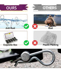 Comparison of anti-rust stainless steel hitch pin clip kit vs rusted clips, featuring installed pin and packaging differences.