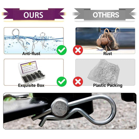 Comparison of anti-rust stainless steel hitch pin clip kit vs rusted clips, featuring installed pin and packaging differences.