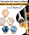 Ultra Strong Instant Glue With Activator Set shown with surfaces wood, glass, plastic, marble for DIY repairs.