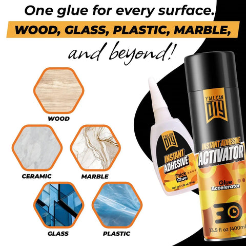 Ultra Strong Instant Glue With Activator Set shown with surfaces wood, glass, plastic, marble for DIY repairs.