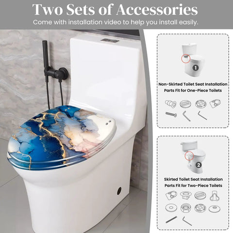 Elongated Decorative Toilet Seat for Bathroom on a toilet, featuring a blue and gold marble design and installation accessories.