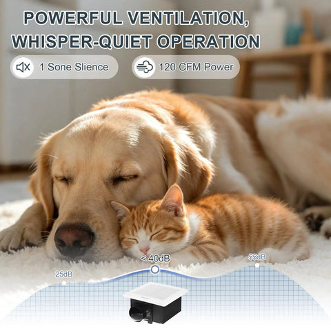 Heavy Duty 120 CFM Bathroom Exhaust Fan Ceiling Mounted 8X8 Inch shown with pets, highlighting quiet operation and performance.