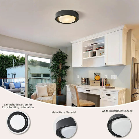 Matte Black Flush Mount Ceiling Light With White Frosted Glass Shade Two Light Round Metal Fixture 13 Inch Modern Design