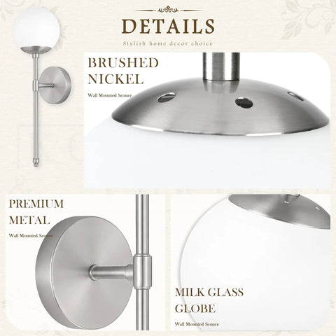 KoKo&Yukina 2 Pack Nickel Mid Century Wall Sconce Bedroom Bulb Included close-up of brushed nickel and milk glass globe design.