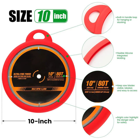 Red Silicone Saw Blade Sleeve and Storage for Circular and Table Saws 10 Inch Protector Cover Keeps Teeth Safe Grab and Go Access Protects Edges and Fingers Two Pack