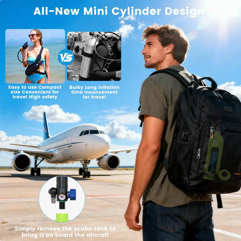 Man at airport with backpack containing 1L DOT Certified Mini Scuba Tank For Underwater Breathing Air, Dive Oxygen Cylinder Kit