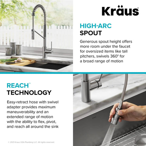 Oletto Commercial Style Pull Down Kitchen Faucet With QuickDock Top Mount, Spot Free Stainless Steel, in use by kitchen sink