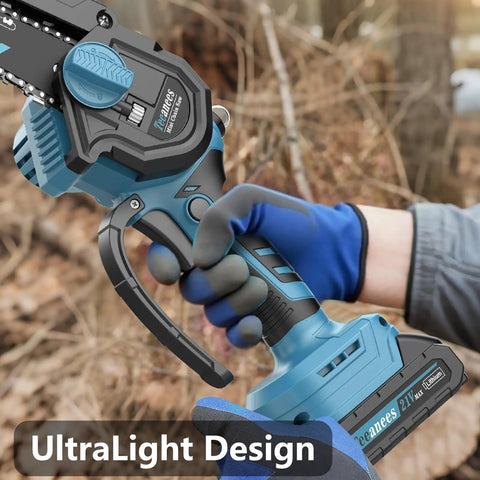Person holding Cordless Mini Chainsaw With Dual 8 Inch And 6 Inch Guide Bars, 1000W Battery Powered Saw, blue handle visible