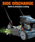 Gas Powered Lawn Mower With 144cc 4 Stroke Engine 20 Inch Deck Side Discharge in use on grass, showing side discharge feature.