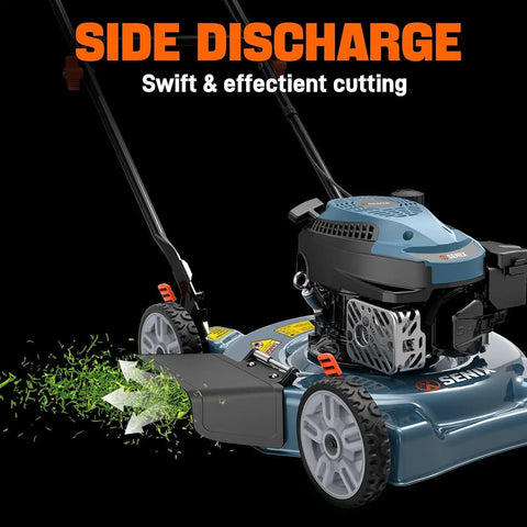 Gas Powered Lawn Mower With 144cc 4 Stroke Engine 20 Inch Deck Side Discharge in use on grass, showing side discharge feature.