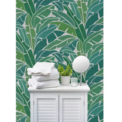 Heavy Duty Tropical Leaf Exotic Textured Vinyl Wallpaper, Slick Leather Finish Wall Covering For Walls, with towels and plants.