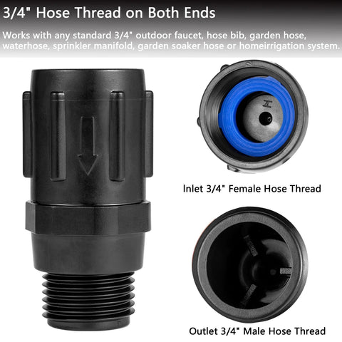 Garden hose pressure regulator, 3/4 FHT × 3/4 MHT, black plastic body with blue seal