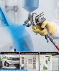 Pro Grade Gravity Feed Air Paint Sprayer Gun Kit Featuring 1.3 1.5 1.7 Mm Swappable Tips And Built In Oil Water Separator For Heavy Duty Auto And Home Painting Jobs That Kick Butt And Run Smooth Grey in use for vehicle painting.