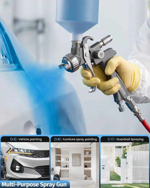 Pro Grade Gravity Feed Air Paint Sprayer Gun Kit Featuring 1.3 1.5 1.7 Mm Swappable Tips And Built In Oil Water Separator For Heavy Duty Auto And Home Painting Jobs That Kick Butt And Run Smooth Grey in use for vehicle painting.