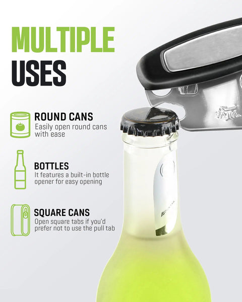 Heavy Duty Manual Can Opener With Smooth Cutting Edge showing bottle opening feature