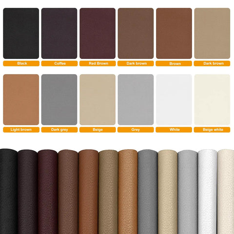Color swatches and rolls of Self Adhesive Leather Repair Patches Tape 8x11 Inch Beige For Couches And More Durable Leather Repair Kit