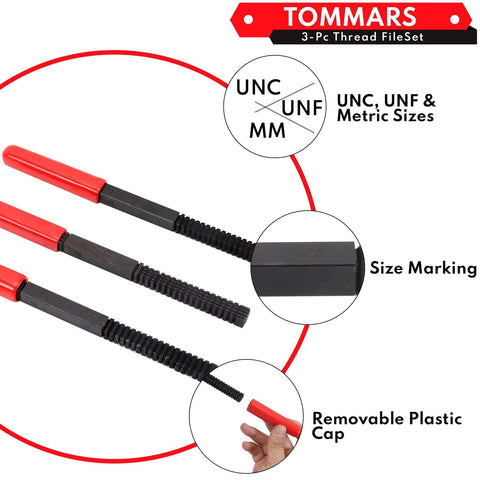TOMMARS 3-Pc SAE & Metric Thread File Set with red-handled black threaded files and removable caps