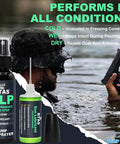 All-In-One Gun Cleaner And Lubricant Kit With CLP Solvent Spray, showing 2oz spray and 1oz oiler bottles, suitable for wet conditions