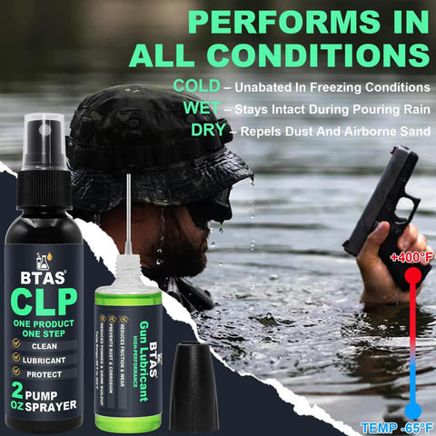 All-In-One Gun Cleaner And Lubricant Kit With CLP Solvent Spray, showing 2oz spray and 1oz oiler bottles, suitable for wet conditions