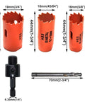 Set of three orange HSS bi-metal hole saws 16/18/19 mm with 1/4 in hex shank adapter and drill bit.