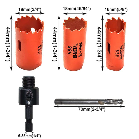 Set of three orange HSS bi-metal hole saws 16/18/19 mm with 1/4 in hex shank adapter and drill bit.