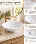 Sinkology Sagan 16.5 Inch Round Vessel Bathroom Sink, Crisp White Vitreous China Above-Counter Vanity Bowl with Drain and Coordinating Cap, No Overflow on countertop