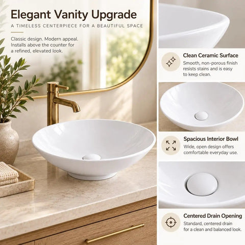 Sinkology Sagan 16.5 Inch Round Vessel Bathroom Sink, Crisp White Vitreous China Above-Counter Vanity Bowl with Drain and Coordinating Cap, No Overflow on countertop