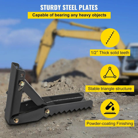 32 Inch Backhoe Thumb Durable Half Inch Steel Plate Excavator Claw Attachment For Tractors And Heavy Equipment Built For Tough Digging Grading And Material Handling On Job Sites Worksite Ready with sturdy steel plates showing stable triangle structure on ground.