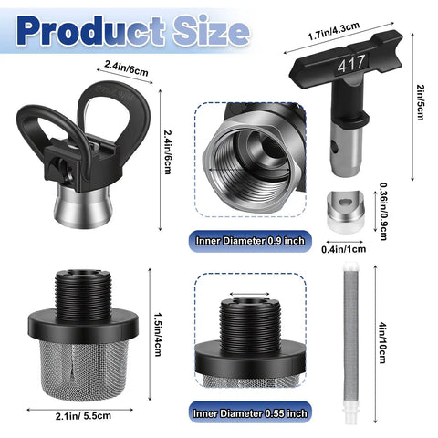 Diagram showing sizes of Pro Grade Airless Paint Sprayer Tips Set with Six Reversible Nozzle Tips 109 211 315 417 517 623