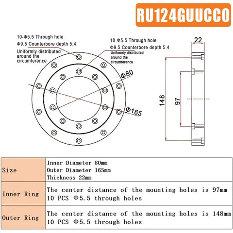 Premium Class P5 Crossed Roller Bearing For Rotary Tables design diagram showing dimensions and mounting hole details.