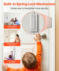 Kick Resistant Door Reinforcement Lock, 2 Pack Heavy Duty Security Strike Plate Withstands 800 Lbs, Fits Inward Opening Entries, Rock Solid Aluminum Build For Tough As Nails Home Protection on a door with a child reaching.