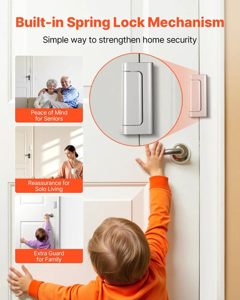 Kick Resistant Door Reinforcement Lock, 2 Pack Heavy Duty Security Strike Plate Withstands 800 Lbs, Fits Inward Opening Entries, Rock Solid Aluminum Build For Tough As Nails Home Protection on a door with a child reaching.