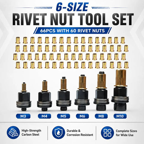 Super Durable 6 Rivet Nut Pliers Plus 60 Press-In Nuts Kit For M3 Through M10 Bolts That Get You Fastening Metal Frames And Panels Like A Pro Without The Hassle Of Separate Tools Today. 6-size rivet nut tool set with carbon steel mandrels and M3-M10 inserts