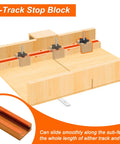 Crosscut Sled Kit For Table Saws With Two Aluminum T Track And Two UHMW Miter Bars Knob And Bolt And Screws For Woodworking DIY Pro Grade Heavy Duty Shop Ready, showcasing T-track stop block on wooden base.