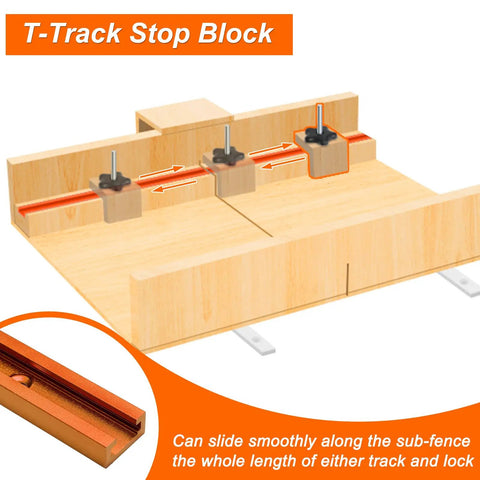 Crosscut Sled Kit For Table Saws With Two Aluminum T Track And Two UHMW Miter Bars Knob And Bolt And Screws For Woodworking DIY Pro Grade Heavy Duty Shop Ready, showcasing T-track stop block on wooden base.