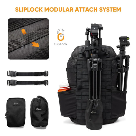 ProTactic BP 450 AW III Camera Backpack with SlipLock modular attach system, straps, pouches, and tripod features.