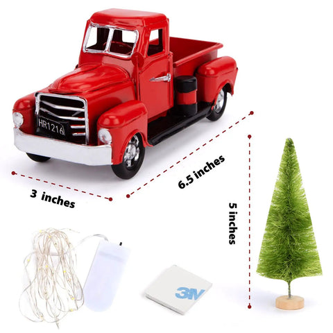 Red Metal Christmas Truck Decor Kit With Mini Tree And LED Lights Vintage Rustic Farmhouse Tabletop Ornament For Kitchen And Bathroom Perfect Xmas Gift And Seasonal Holiday Decor