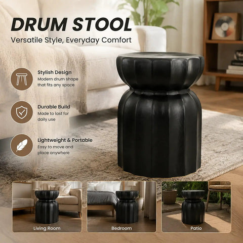 Chinese Style Ceramic Garden Stool And Drum Side Table For Patio, decorative black drum stool in living room setting.