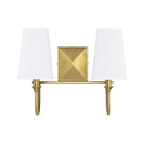 Cameron Modern Farmhouse White Fabric Vanity Wall Light 2-Light Fixture For Bathroom 12 Inch High Warm Brass Finish
