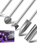Wood Carving Bits Set For Rotary Tools With 1/8 Inch Shank Five Piece Assortment Of Triple Edge Detail Bead Round Nose V Groove