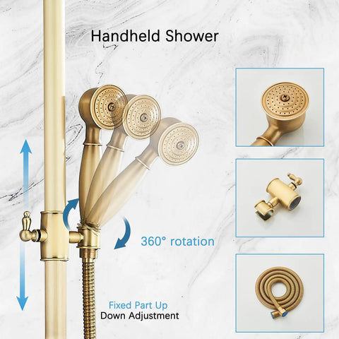 Antique Brass Shower System With 8 Inch Rainfall Head And Handheld Spray, 2 Cross Handles, wall mounted, handheld features shown