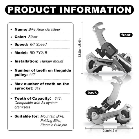 Product information for Rear Derailleur TY21B 6/7 Speed Hanger Mount, aluminum alloy, 11T guide wheel, 34T capacity, front and back view.