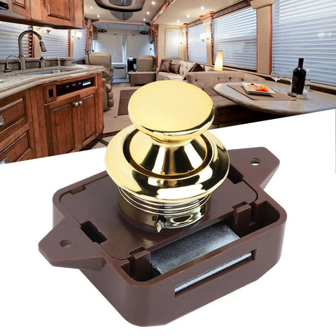 Keyless Cabinet Push Button Lock Latch for Motorhome Caravan and Yacht, golden base brown finish, easy press